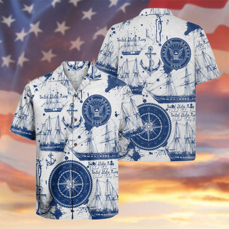 US Navy 250th Anniversary Hawaiian Shirt Anchors Sailboats Compass Shirt Navy Gifts For Him - Famerry