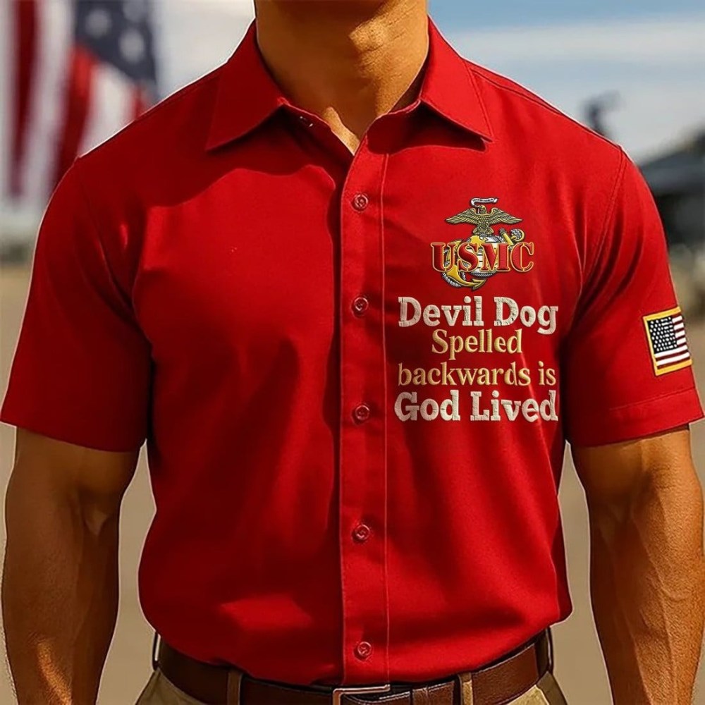 USMC Devil Dog Spelled Backwards Is God Lived Button Up Shirt US Marines Corps Apparel For Him - Famerry