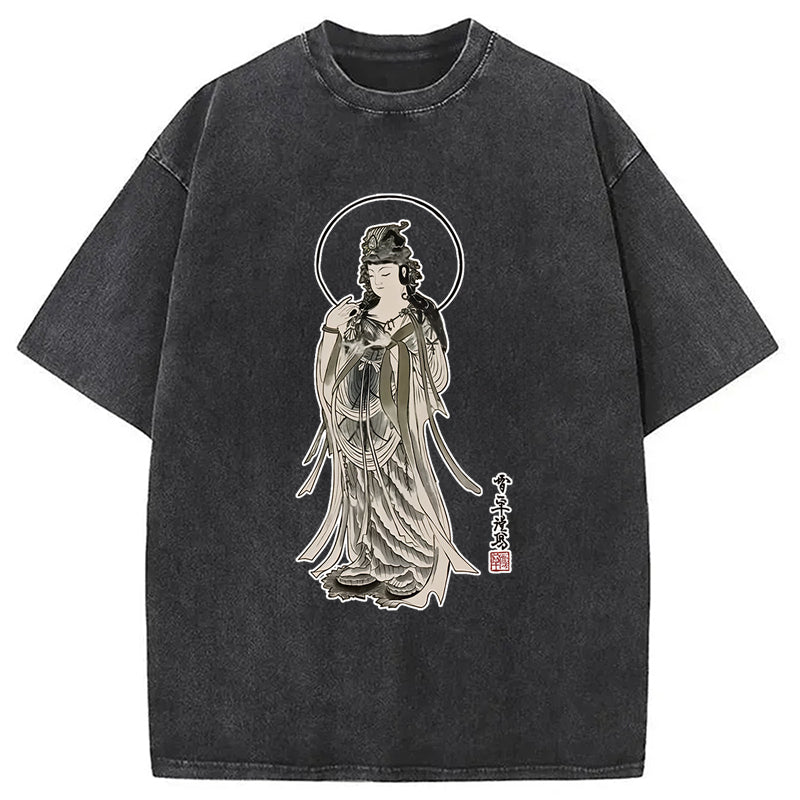 Vintage Guanyin Bodhisattva Washed T-Shirt Soft Comfortable Daily T Shirt Gifts For Her - Gypsysystersgift