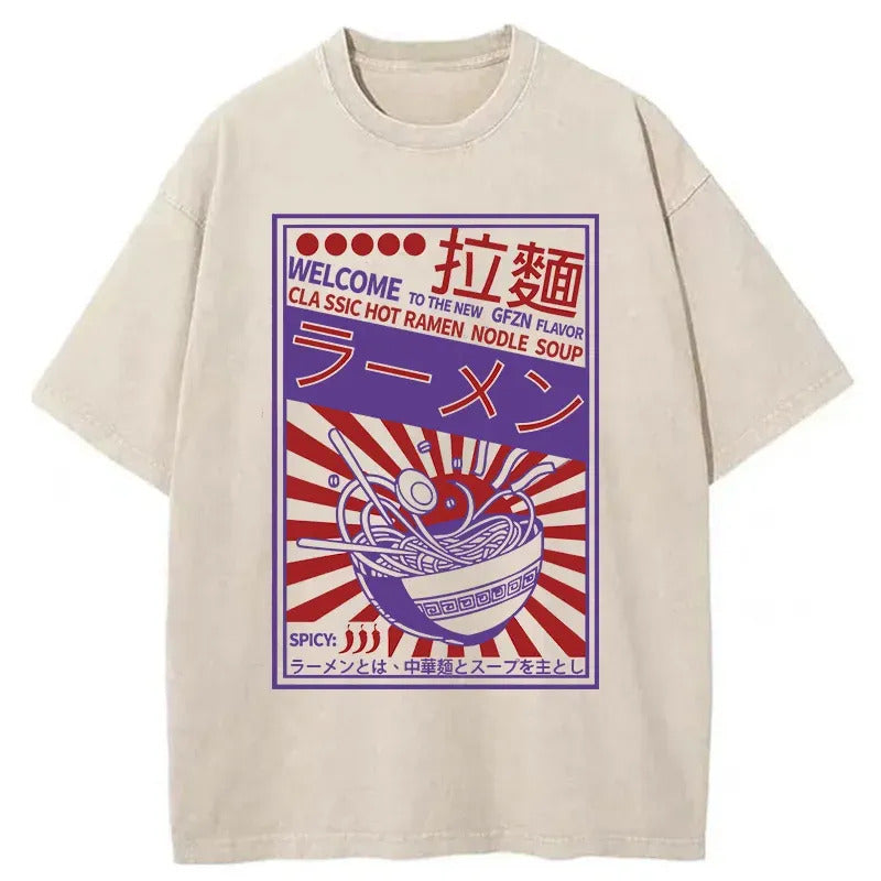 Vintage Ramen Poster Washed T-Shirt Retro Streetwear Graphic Top Gifts For BFF - Gypsysystersgift