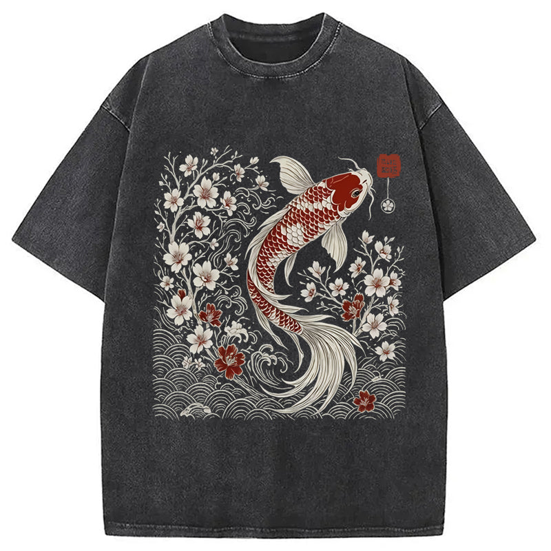 Vintage Sakura And Koi Washed T-Shirt Unique Aesthetic Fashion Tee Gifts For Her - Gypsysystersgift