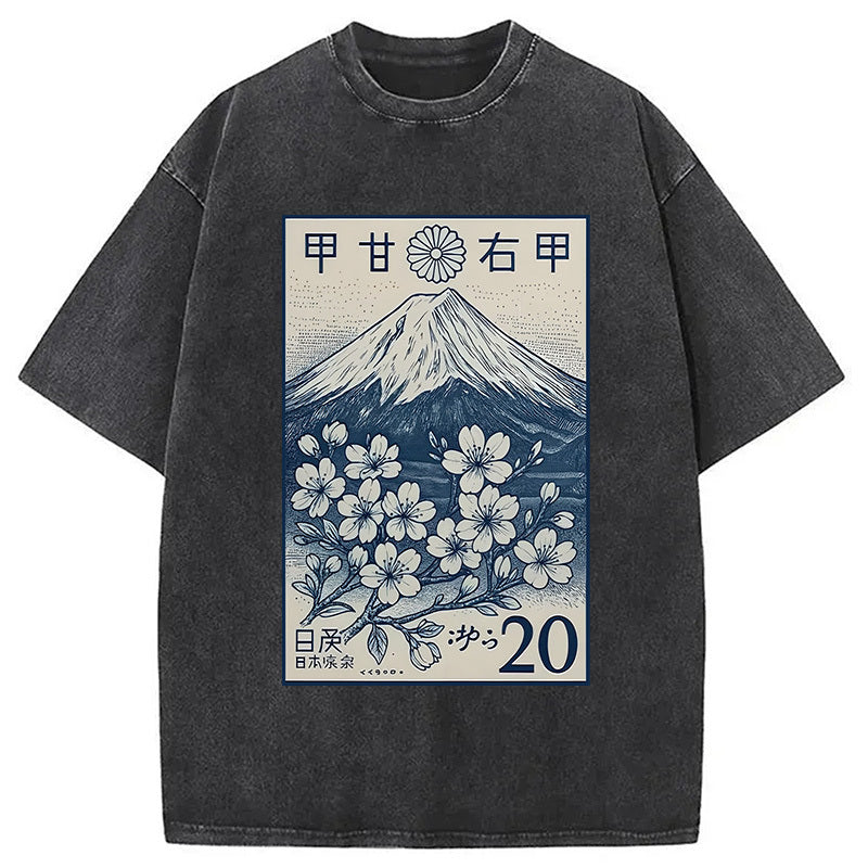 Vintage Sakura Stamp Washed T-Shirt Cool Urban Street Style Shirt Gifts For Him - Gypsysystersgift