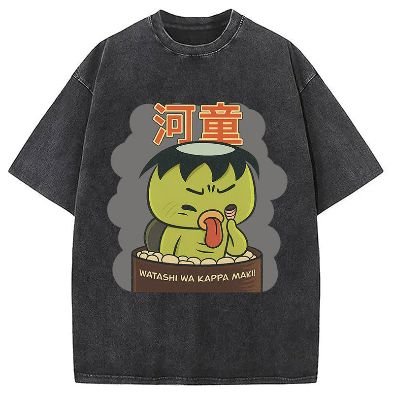 Watashi Wa Kappa Maki Japanese Washed T-Shirt Everyday Comfort Graphic Shirt Gifts For Him - Gypsysystersgift