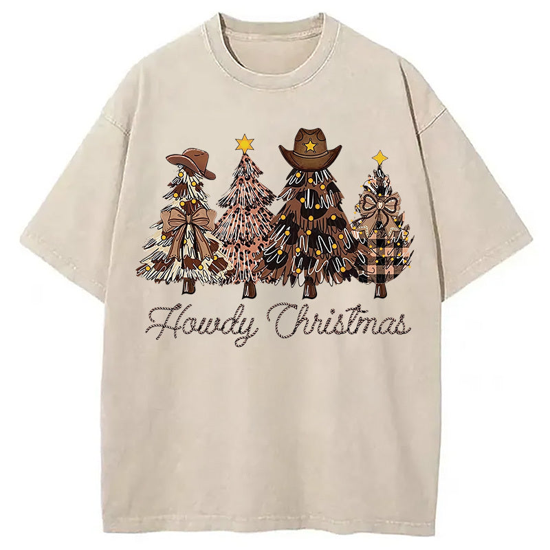 Western Howdy Christmas Tree Washed T-Shirt Unisex Streetwear Graphic Style Gifts For Her - Gypsysystersgift