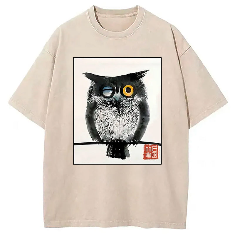 Wink Owl Washed T-Shirt Soft Cotton Daily Wear Tee Gifts For Him - Gypsysystersgift