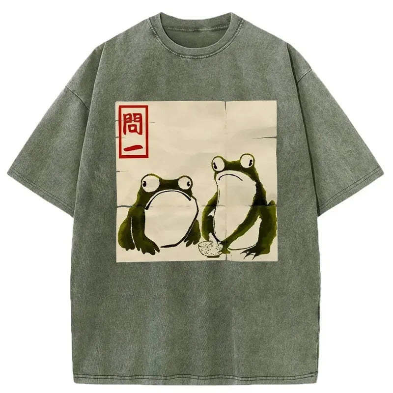 Woodblock Print Grumpy Frog Japan Washed T-Shirt Trendy Everyday Casual Outfit Gifts For Friends - Gypsysystersgift