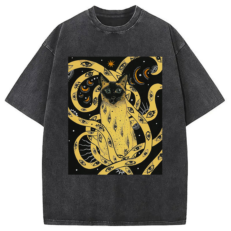 Yellow Eyes Cat Washed T-Shirt Trendy Everyday Casual Outfit Gifts For Her - Gypsysystersgift