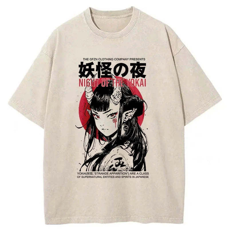 Yokai Aesthetic Japanese Streetwear Washed T-Shirt Everyday Comfort Graphic Shirt Gifts For Her - Gypsysystersgift