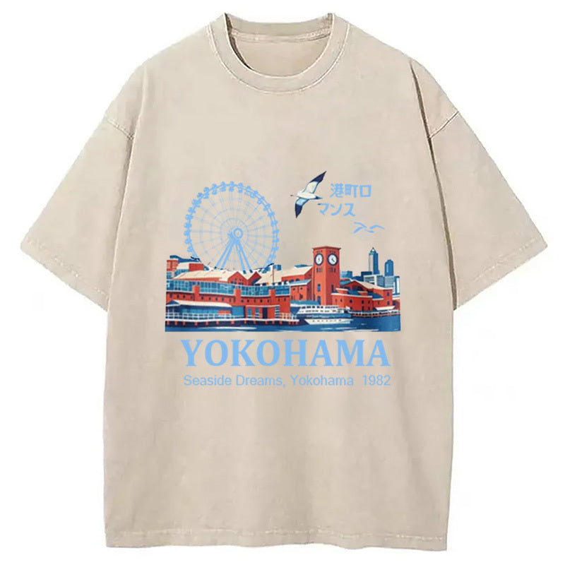 Yokohama Japanese Vintage Washed T-Shirt Casual Oversized Outfit Style Gifts For Him - Gypsysystersgift