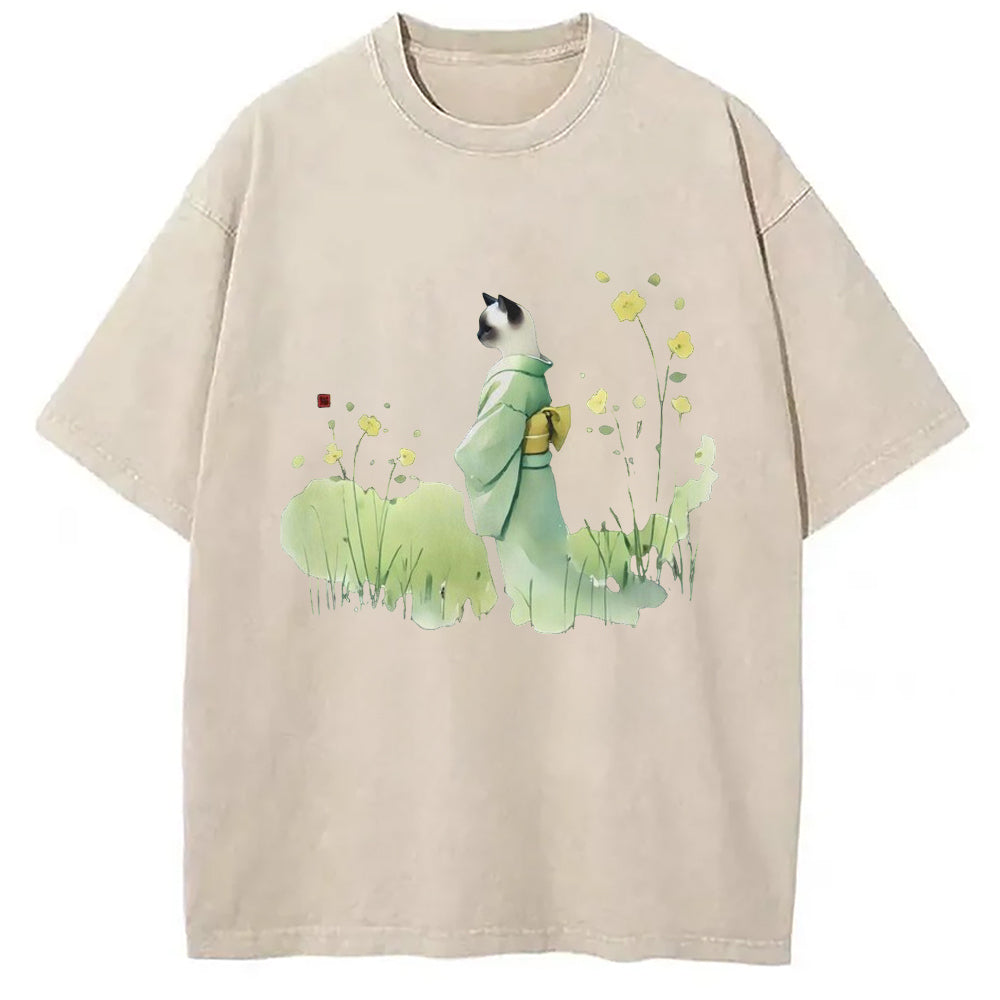 Zen Wildflower Cat Japanese Washed T-Shirt Unisex Streetwear Graphic Style Gifts For Her - Gypsysystersgift