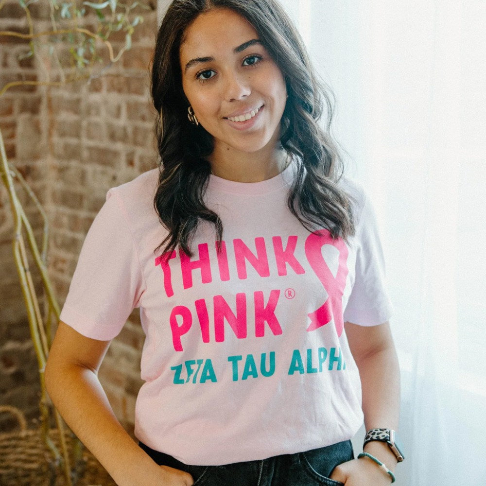 Zeta Tau Alpha Merch Think Pink T-Shirt Pink Ribbon Shirt Breast Cancer Awareness Merch Gifts - GypsysystersGift
