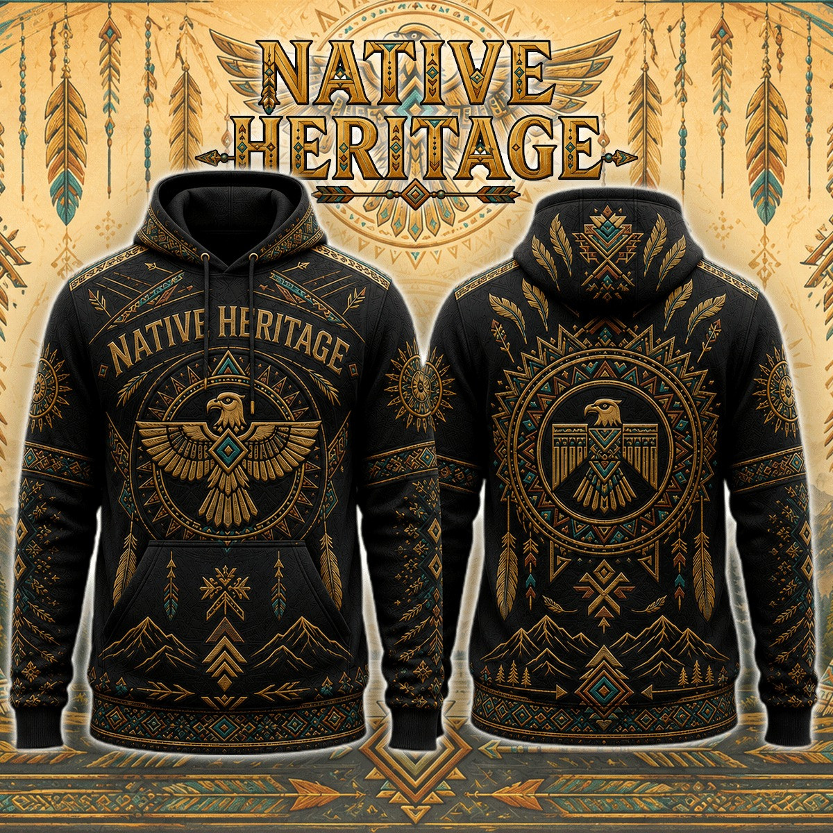 Native Heritage Black Gold Thunderbird Hoodie Native Pride Gear Gift For Native People - Gypsysystersgift