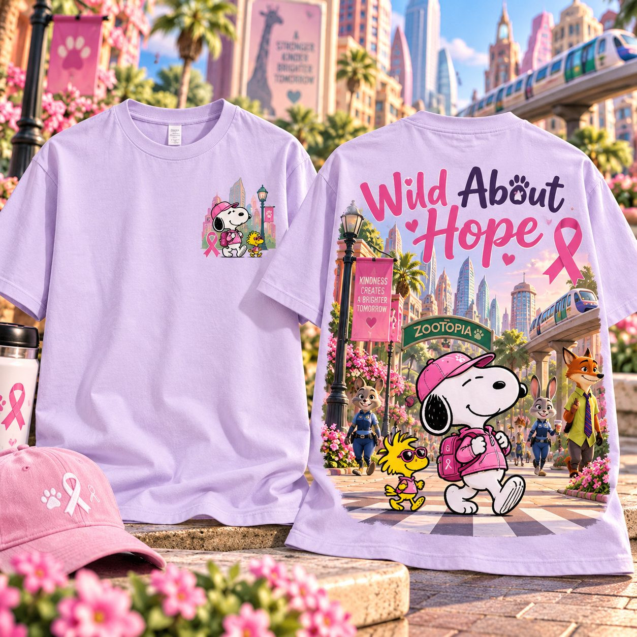 Zootopia x Snoopy Woodstock Judy Hopps Nick Wilde x Breast Cancer Awareness T-Shirt Gifts - Gypsysystersgift